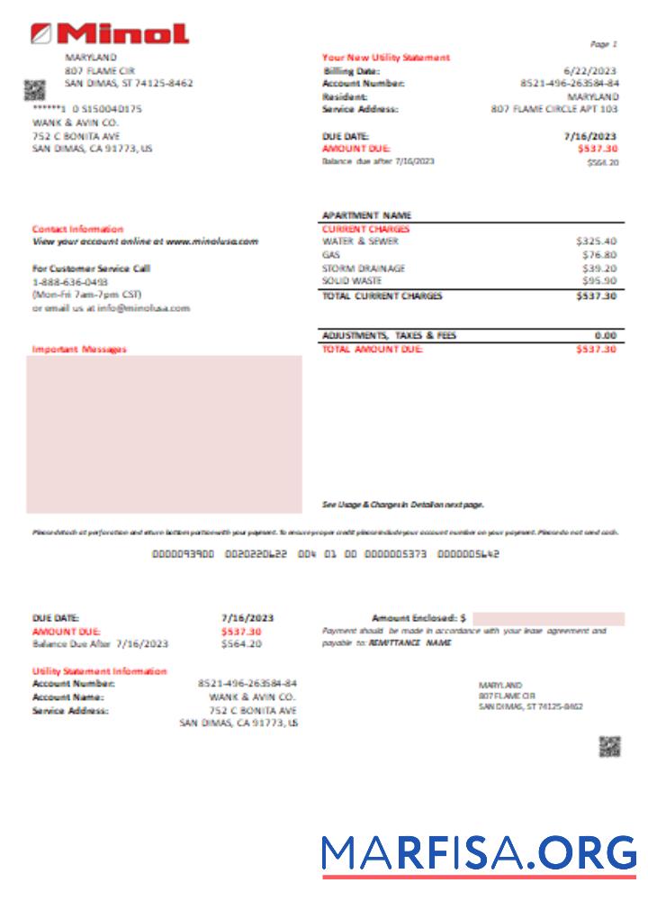 Realistic Minol USA utility business bill, SCR sample